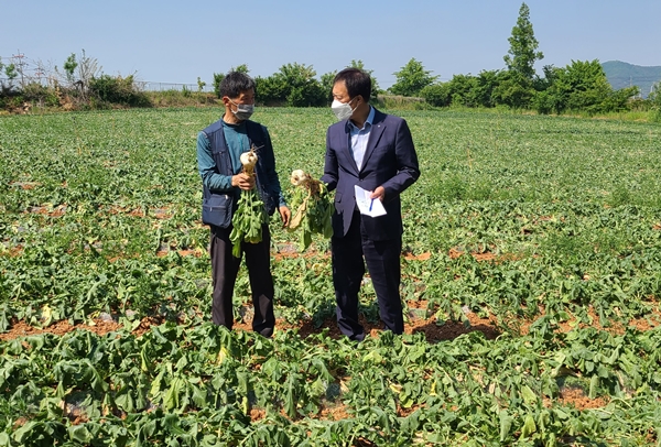 피해를 입은 K시(왼쪽)가 박동화고북농협 조합장에게 피해 상황을 설명하고 있다. /서산 김영택기자