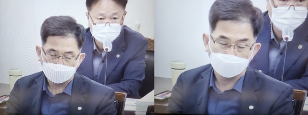 지난 20일 충북도의회 교육위원회에 참석한 유수남 충북교육청 감사관이 눈을 감고 졸고 있다.