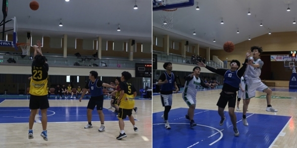 (왼쪽) 금천고등학교 선수가 청석고등학교 선수의 수비를 피해 슛을 하고 있다. (오른쪽) 청주 신흥고등학교 체육관에서 농구대회 예선전이 열린 가운데 청주고등학교 선수가 외곽슛을 쏘고 있다.