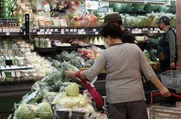 첨부용. 채소류를 포함한 농산물 가격이 16.6% 오르는 등 지난 달 소비자 물가가 9년만에 가장 높은 상승률을 나타냈다. 6일 서울시내 한 마트에서 소비자들이 채소를 고르고 있다. 2021.06.06.  /뉴시스